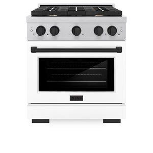 ZLINE Autograph Edition 30 in. 4.2 cu. ft. Paramount Gas Range with 4 Burner Cooktop and Convection Gas Oven in Satin Stainless Steel with White Matte Door and Matte Black Accents (SGRSZ-WM-30-MB) front, oven closed.