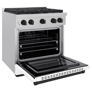 ZLINE Autograph Edition 30 in. 4.2 cu. ft. Paramount Gas Range with 4 Burner Cooktop and Convection Gas Oven in Satin Stainless Steel with White Matte Door and Matte Black Accents (SGRSZ-WM-30-MB) side, oven open.
