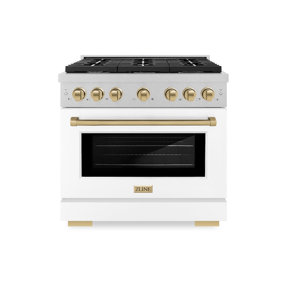 ZLINE Autograph Edition 36 in. 5.2 cu. ft. Paramount Gas Range with 6 Burner Cooktop and Convection Gas Oven in Satin Stainless Steel with White Matte Door and Champagne Bronze Accents (SGRSZ-WM-36-CB) front.