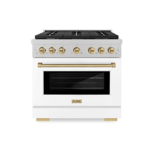ZLINE Autograph Edition 36 in. 5.2 cu. ft. Paramount Gas Range with 6 Burner Cooktop and Convection Gas Oven in Satin Stainless Steel with White Matte Door and Champagne Bronze Accents (SGRSZ-WM-36-CB) front.
