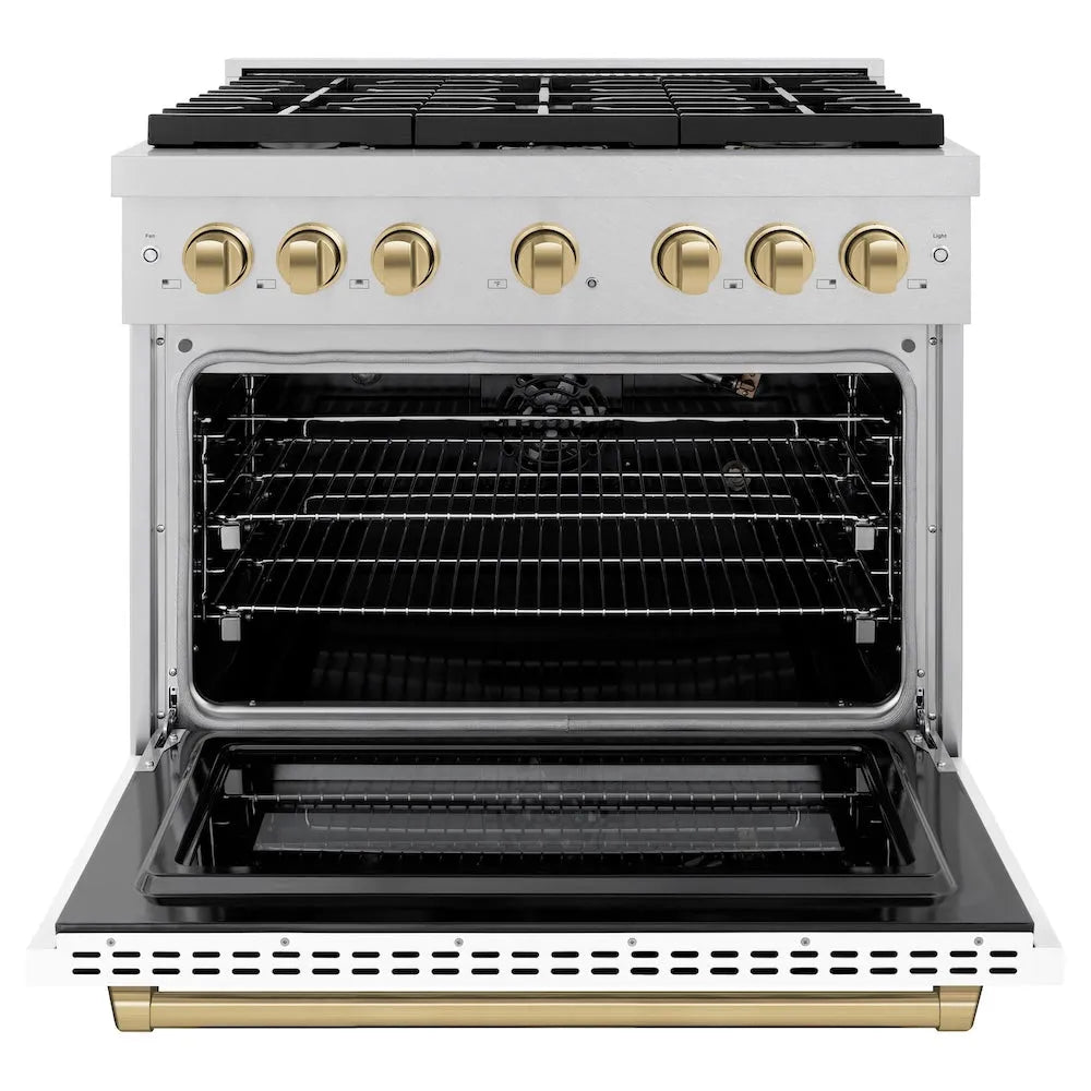 ZLINE Autograph Edition 36 in. 5.2 cu. ft. Paramount Gas Range with 6 Burner Cooktop and Convection Gas Oven in Satin Stainless Steel with White Matte Door and Champagne Bronze Accents (SGRSZ-WM-36-CB) front, open.