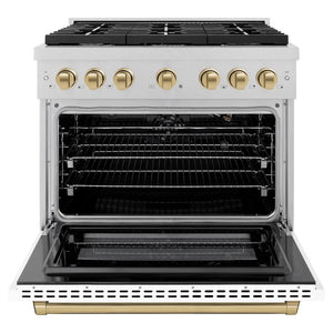 ZLINE Autograph Edition 36 in. 5.2 cu. ft. Paramount Gas Range with 6 Burner Cooktop and Convection Gas Oven in Satin Stainless Steel with White Matte Door and Champagne Bronze Accents (SGRSZ-WM-36-CB) front, open.