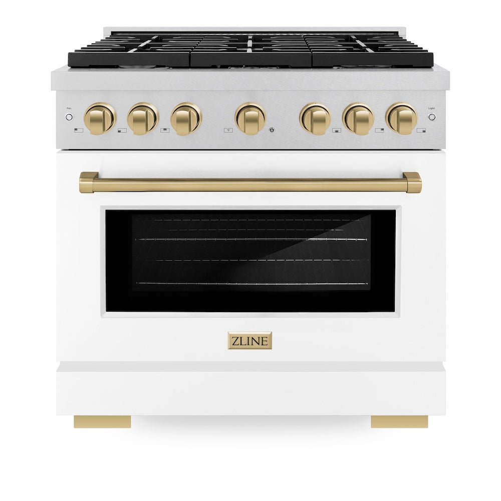 ZLINE Autograph Edition 36 in. 5.2 cu. ft. Paramount Gas Range with 6 Burner Cooktop and Convection Gas Oven in Satin Stainless Steel with White Matte Door and Champagne Bronze Accents (SGRSZ-WM-36-CB) front, oven closed.
