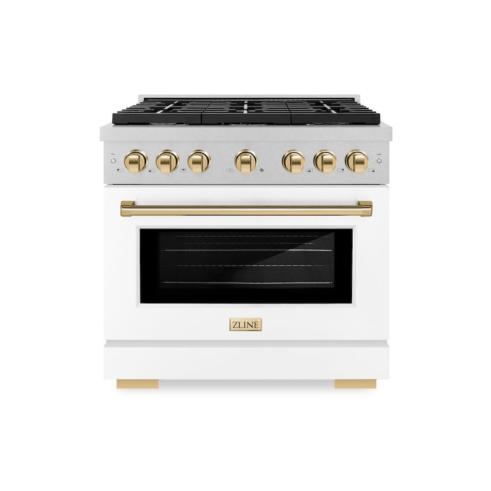 ZLINE Autograph Edition 36 in. 5.2 cu. ft. Paramount Gas Range with 6 Burner Cooktop and Convection Gas Oven in Satin Stainless Steel with White Matte Door and Polished Gold Accents (SGRSZ-WM-36-G) front.