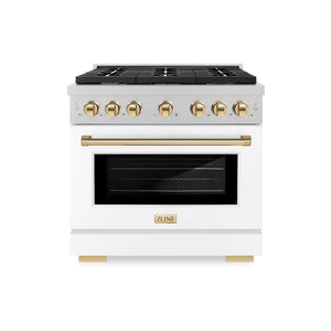 ZLINE Autograph Edition 36 in. 5.2 cu. ft. Paramount Gas Range with 6 Burner Cooktop and Convection Gas Oven in Satin Stainless Steel with White Matte Door and Polished Gold Accents (SGRSZ-WM-36-G) front.