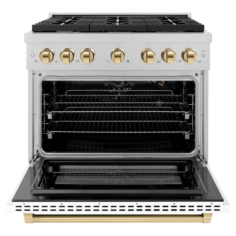 ZLINE Autograph Edition 36 in. 5.2 cu. ft. Paramount Gas Range with 6 Burner Cooktop and Convection Gas Oven in Satin Stainless Steel with White Matte Door and Polished Gold Accents (SGRSZ-WM-36-G) front, open.