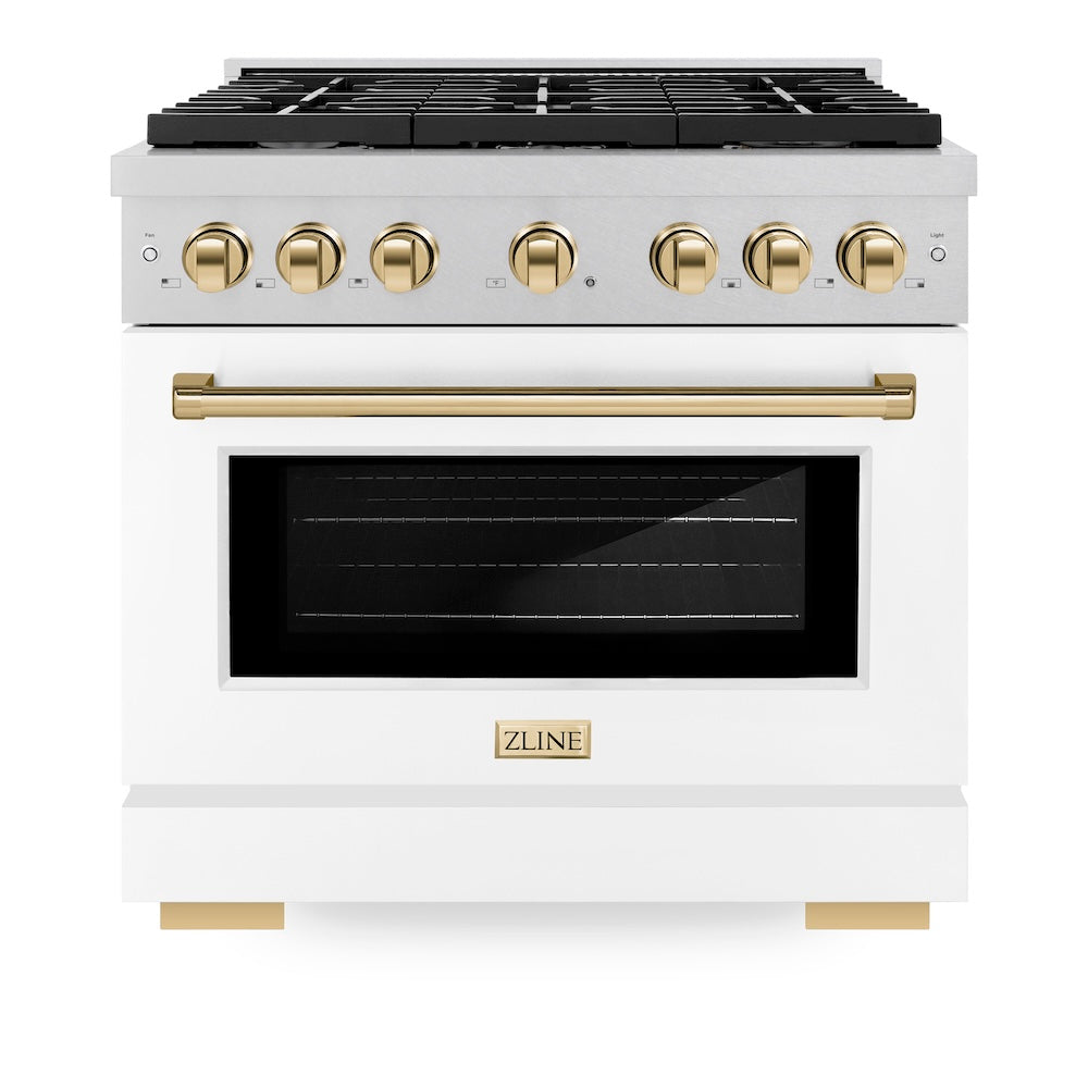 ZLINE Autograph Edition 36 in. 5.2 cu. ft. Paramount Gas Range with 6 Burner Cooktop and Convection Gas Oven in Satin Stainless Steel with White Matte Door and Polished Gold Accents (SGRSZ-WM-36-G) front, oven closed.