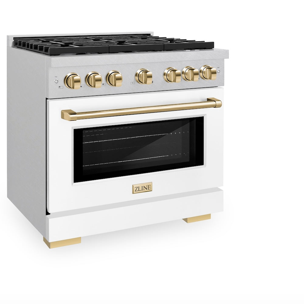 ZLINE Autograph Edition 36 in. 5.2 cu. ft. Paramount Gas Range with 6 Burner Cooktop and Convection Gas Oven in Satin Stainless Steel with White Matte Door and Polished Gold Accents (SGRSZ-WM-36-G) side, oven closed.