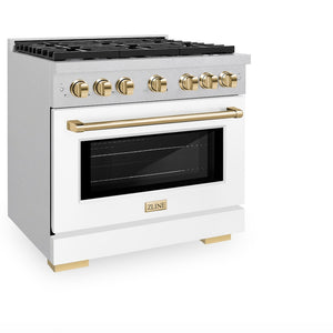 ZLINE Autograph Edition 36 in. 5.2 cu. ft. Paramount Gas Range with 6 Burner Cooktop and Convection Gas Oven in Satin Stainless Steel with White Matte Door and Polished Gold Accents (SGRSZ-WM-36-G) side, oven closed.