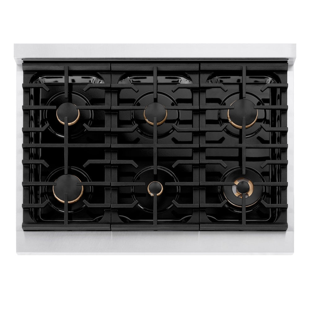 ZLINE Autograph Edition 36 in. 5.2 cu. ft. Paramount Gas Range with 6 Burner Cooktop and Convection Gas Oven in Satin Stainless Steel with White Matte Door and Polished Gold Accents (SGRSZ-WM-36-G) top down, above cooktop.