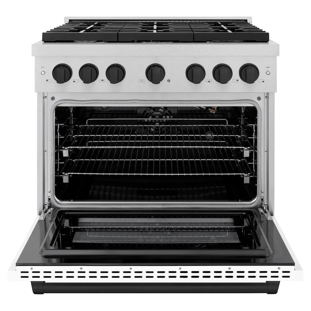 ZLINE Autograph Edition 36 in. 5.2 cu. ft. Paramount Gas Range with 6 Burner Cooktop and Convection Gas Oven in Satin Stainless Steel with White Matte Door and Matte Black Accents (SGRSZ-WM-36-MB) front, open.