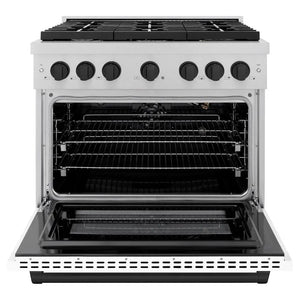 ZLINE Autograph Edition 36 in. 5.2 cu. ft. Paramount Gas Range with 6 Burner Cooktop and Convection Gas Oven in Satin Stainless Steel with White Matte Door and Matte Black Accents (SGRSZ-WM-36-MB) front, open.