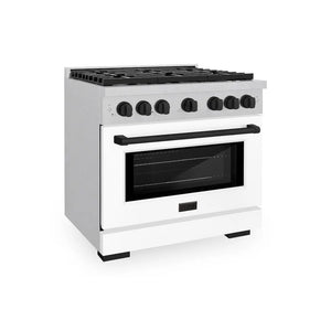 ZLINE Autograph Edition 36 in. 5.2 cu. ft. Paramount Gas Range with 6 Burner Cooktop and Convection Gas Oven in Satin Stainless Steel with White Matte Door and Matte Black Accents (SGRSZ-WM-36-MB) main image.
