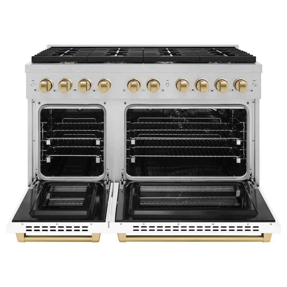 ZLINE Autograph Edition 48 in. 6.7 cu. ft. Paramount Double Oven Gas Range with 8 Burner Cooktop in Satin Stainless Steel with White Matte Doors and Champagne Bronze Accents (SGRSZ-WM-48-CB) front, open.