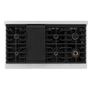 ZLINE Autograph Edition 48 in. 6.7 cu. ft. Paramount Double Oven Gas Range with 8 Burner Cooktop in Satin Stainless Steel with White Matte Doors and Champagne Bronze Accents (SGRSZ-WM-48-CB) top down, above cooktop.
