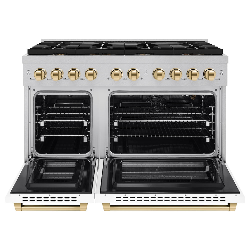 ZLINE Autograph Edition 48 in. 6.7 cu. ft. Paramount Double Oven Gas Range with 8 Burner Cooktop in Satin Stainless Steel with White Matte Doors and Polished Gold Accents (SGRSZ-WM-48-G) front, open.