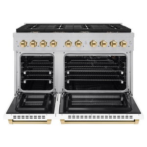ZLINE Autograph Edition 48 in. 6.7 cu. ft. Paramount Double Oven Gas Range with 8 Burner Cooktop in Satin Stainless Steel with White Matte Doors and Polished Gold Accents (SGRSZ-WM-48-G) front, open.