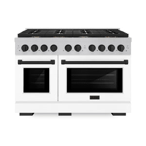 ZLINE Autograph Edition 48 in. 6.7 cu. ft. Paramount Double Oven Gas Range with 8 Burner Cooktop in Satin Stainless Steel with White Matte Doors and Matte Black Accents (SGRSZ-WM-48-MB) front.