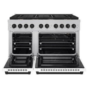 ZLINE Autograph Edition 48 in. 6.7 cu. ft. Paramount Double Oven Gas Range with 8 Burner Cooktop in Satin Stainless Steel with White Matte Doors and Matte Black Accents (SGRSZ-WM-48-MB) front, open.