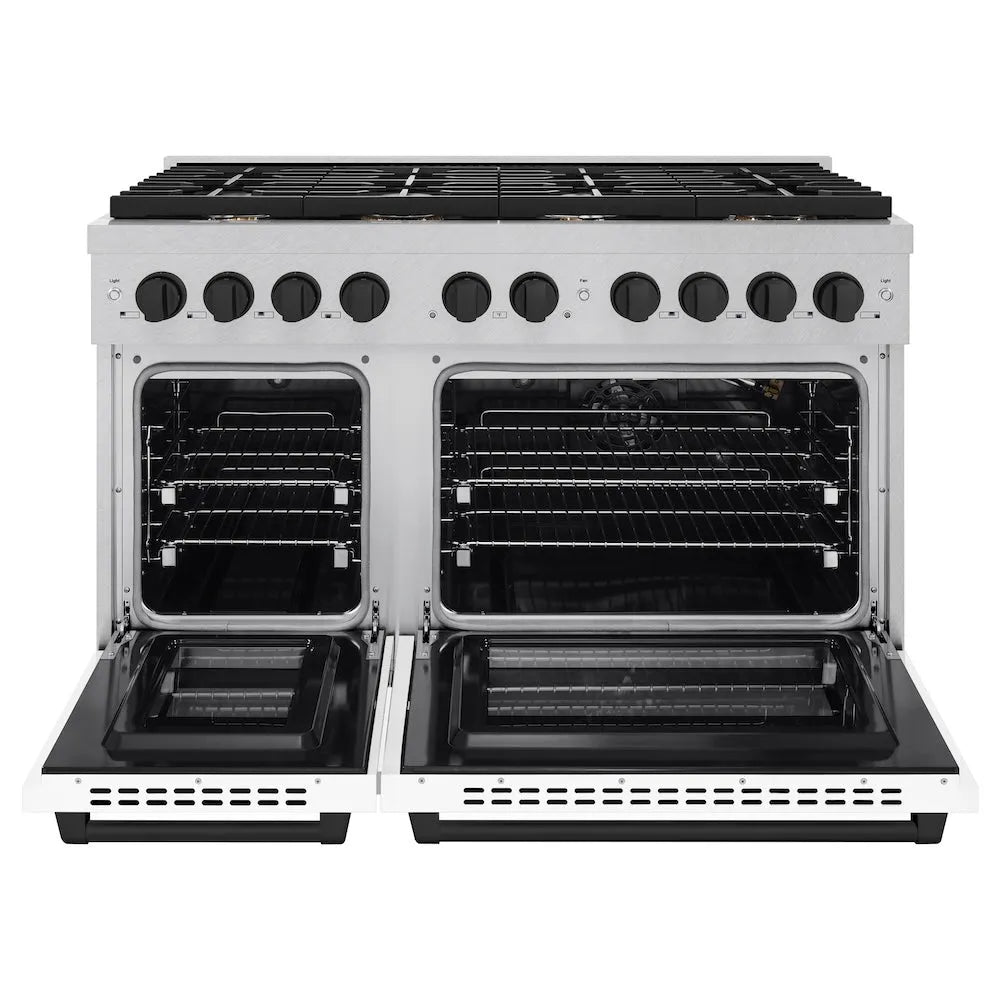 ZLINE Autograph Edition 48 in. 6.7 cu. ft. Paramount Double Oven Gas Range with 8 Burner Cooktop in Satin Stainless Steel with White Matte Doors and Matte Black Accents (SGRSZ-WM-48-MB) front, open.