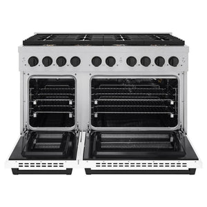 ZLINE Autograph Edition 48 in. 6.7 cu. ft. Paramount Double Oven Gas Range with 8 Burner Cooktop in Satin Stainless Steel with White Matte Doors and Matte Black Accents (SGRSZ-WM-48-MB) front, open.