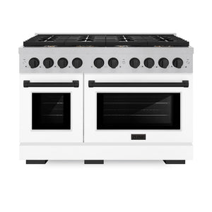 ZLINE Autograph Edition 48 in. 6.7 cu. ft. Paramount Double Oven Gas Range with 8 Burner Cooktop in Satin Stainless Steel with White Matte Doors and Matte Black Accents (SGRSZ-WM-48-MB) front, oven closed.