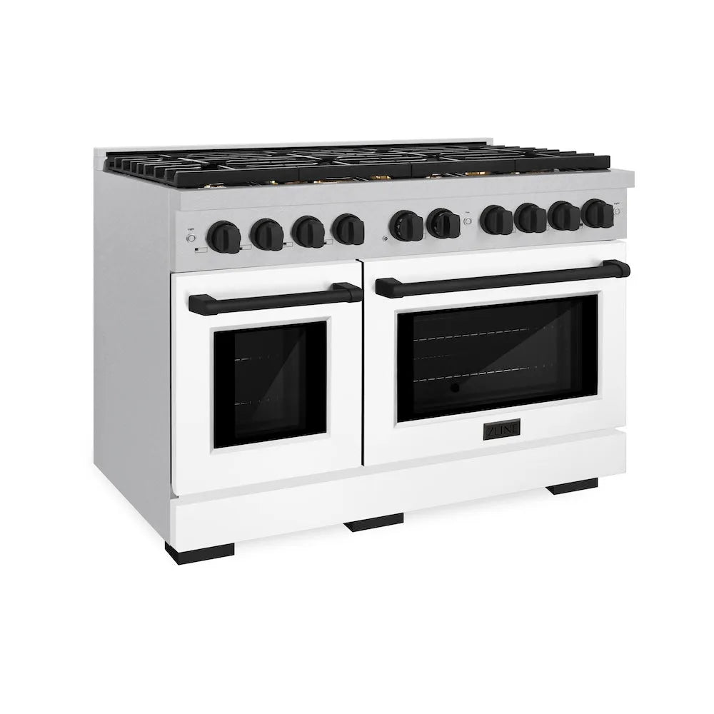 ZLINE Autograph Edition 48 in. 6.7 cu. ft. Paramount Double Oven Gas Range with 8 Burner Cooktop in Satin Stainless Steel with White Matte Doors and Matte Black Accents (SGRSZ-WM-48-MB) main image.