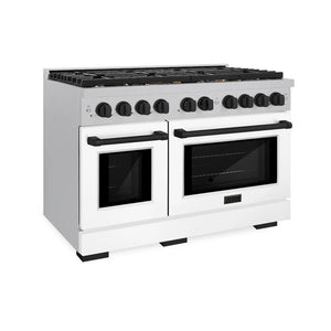ZLINE Autograph Edition 48 in. 6.7 cu. ft. Paramount Double Oven Gas Range with 8 Burner Cooktop in Satin Stainless Steel with White Matte Doors and Matte Black Accents (SGRSZ-WM-48-MB) main image.