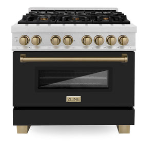 ZLINE Autograph Edition 36 in. 4.6 cu. ft. Legacy Dual Fuel Range with 6 Burner Gas Cooktop and Electric Convection Oven in DuraSnow® Stainless Steel with Black Matte Door and Champagne Bronze Accents (RASZ-BLM-36-CB) front, oven closed.