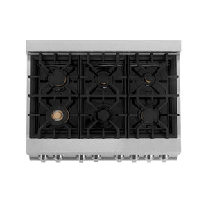 ZLINE Autograph Edition 36 in. 4.6 cu. ft. Legacy Dual Fuel Range with 6 Burner Gas Cooktop and Electric Convection Oven in DuraSnow® Stainless Steel with Black Matte Door and Champagne Bronze Accents (RASZ-BLM-36-CB) top-view, above cooktop.