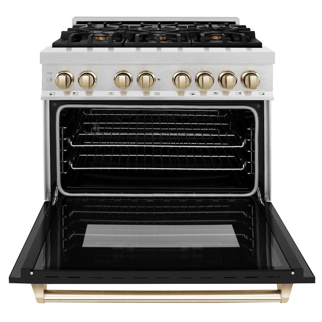 ZLINE Autograph Edition 36 in. 4.6 cu. ft. Legacy Dual Fuel Range with 6 Burner Gas Cooktop and Electric Convection Oven in DuraSnow® Stainless Steel with Black Matte Door and Polished Gold Accents (RASZ-BLM-36-G) front, oven open.