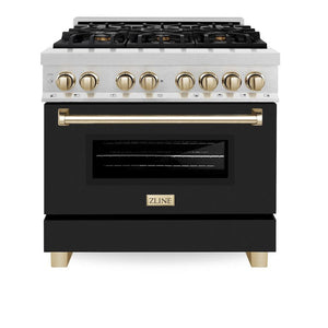 ZLINE Autograph Edition 36 in. 4.6 cu. ft. Legacy Dual Fuel Range with 6 Burner Gas Cooktop and Electric Convection Oven in DuraSnow® Stainless Steel with Black Matte Door and Polished Gold Accents (RASZ-BLM-36-G) front, oven closed.