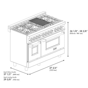 ZLINE Autograph Edition 48 in. 6.0 cu. ft. Legacy Dual Fuel Range with 7 Burner Gas Cooktop and 2 Electric Ovens in DuraSnow® Stainless Steel with Black Matte Doors and Polished Gold Accents (RASZ-BLM-48-G) dimensional diagram.