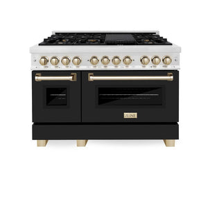 ZLINE Autograph Edition 48 in. 6.0 cu. ft. Legacy Dual Fuel Range with 7 Burner Gas Cooktop and 2 Electric Ovens in DuraSnow® Stainless Steel with Black Matte Doors and Polished Gold Accents (RASZ-BLM-48-G) front, oven closed.