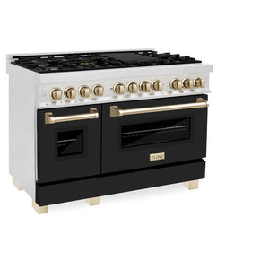 ZLINE Autograph Edition 48 in. 6.0 cu. ft. Legacy Dual Fuel Range with 7 Burner Gas Cooktop and 2 Electric Ovens in DuraSnow® Stainless Steel with Black Matte Doors and Polished Gold Accents (RASZ-BLM-48-G) side, oven closed.