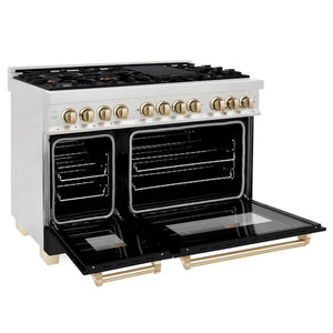 ZLINE Autograph Edition 48 in. 6.0 cu. ft. Legacy Dual Fuel Range with 7 Burner Gas Cooktop and 2 Electric Ovens in DuraSnow® Stainless Steel with Black Matte Doors and Polished Gold Accents (RASZ-BLM-48-G) side, oven open.