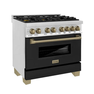 ZLINE Autograph Edition 36 in. 4.6 cu. ft. Legacy Dual Fuel Range with 6 Burner Gas Cooktop and Electric Convection Oven in Stainless Steel with Black Matte Door and Champagne Bronze Accents (RAZ-BLM-36-CB) main image.