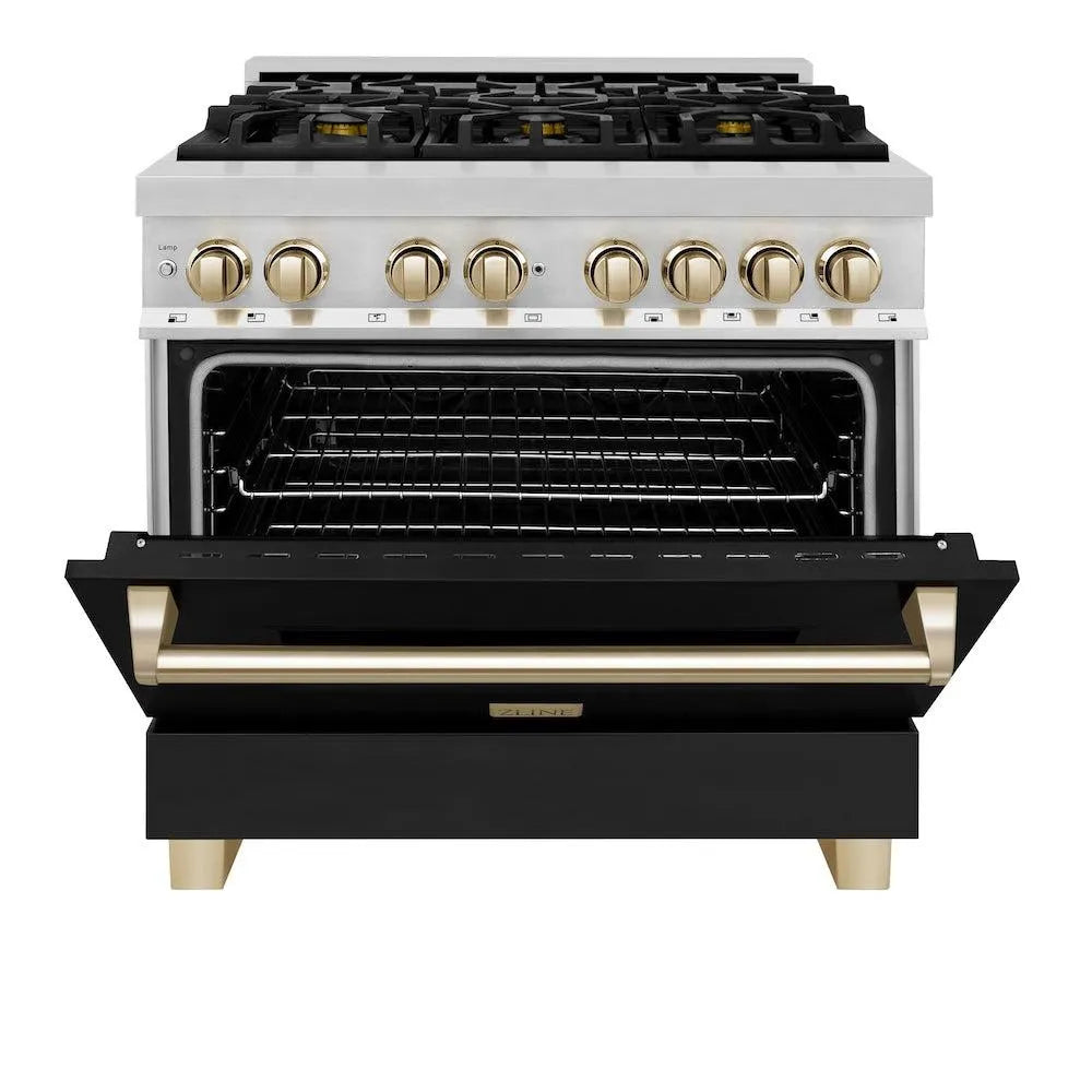 ZLINE Autograph Edition 36 in. 4.6 cu. ft. Legacy Dual Fuel Range with 6 Burner Gas Cooktop and Electric Convection Oven in Stainless Steel with Black Matte Door and Polished Gold Accents (RAZ-BLM-36-G) front, oven half open.