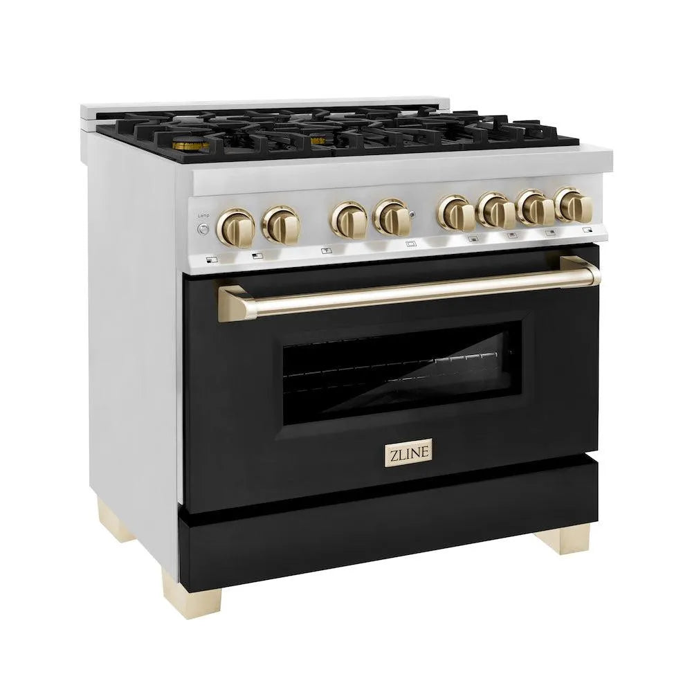 ZLINE Autograph Edition 36 in. 4.6 cu. ft. Legacy Dual Fuel Range with 6 Burner Gas Cooktop and Electric Convection Oven in Stainless Steel with Black Matte Door and Polished Gold Accents (RAZ-BLM-36-G) main image.