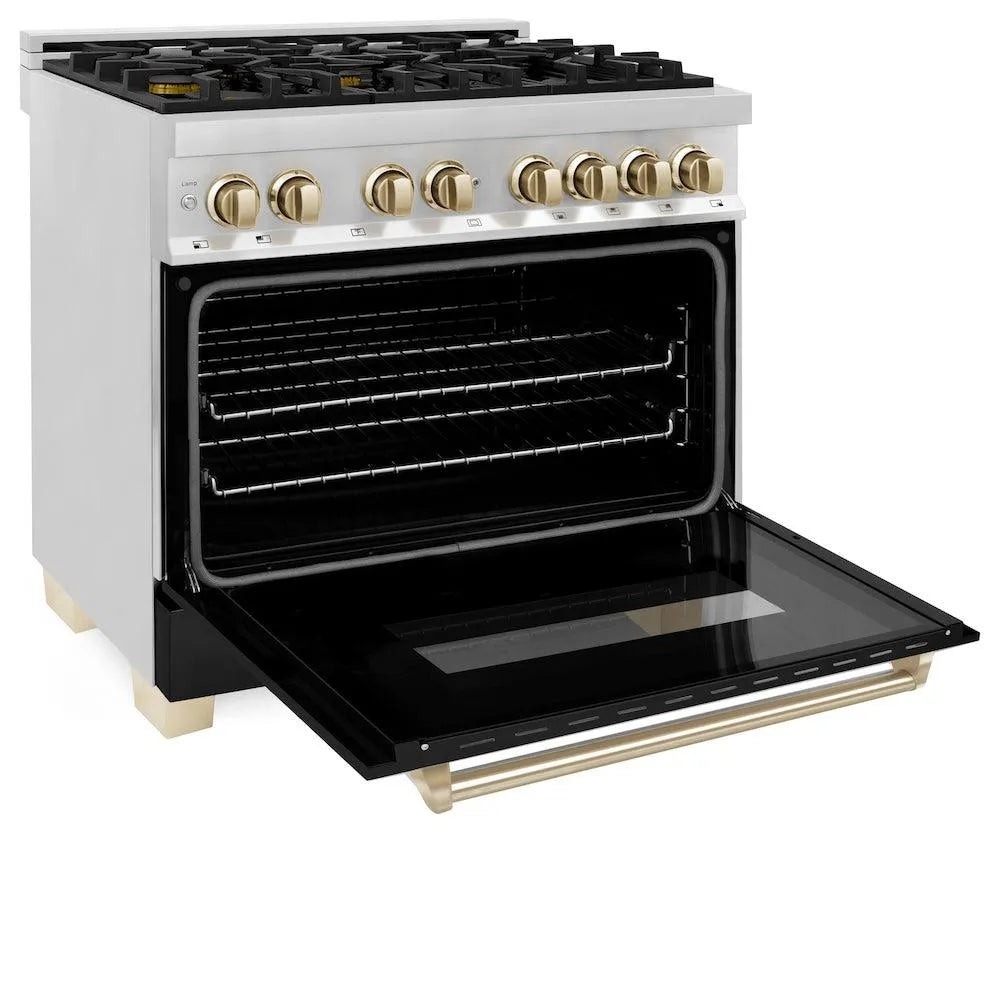 ZLINE Autograph Edition 36 in. 4.6 cu. ft. Legacy Dual Fuel Range with 6 Burner Gas Cooktop and Electric Convection Oven in Stainless Steel with Black Matte Door and Polished Gold Accents (RAZ-BLM-36-G) side, oven open.