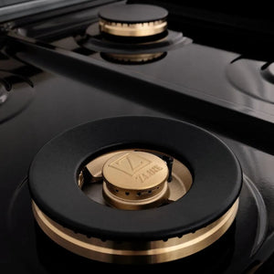 ZLINE Autograph Edition 48 in. 6.0 cu. ft. Legacy Dual Fuel Range with 7 Burner Gas Cooktop and 2 Electric Ovens in Stainless Steel with Black Matte Doors and Champagne Bronze Accents (RAZ-BLM-48-CB) brass burner and black porcelain cooktop.