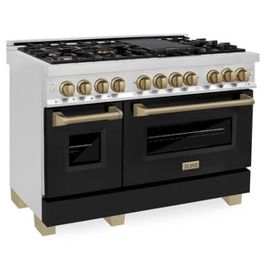 ZLINE Autograph Edition 48 in. 6.0 cu. ft. Legacy Dual Fuel Range with 7 Burner Gas Cooktop and 2 Electric Ovens in Stainless Steel with Black Matte Doors and Champagne Bronze Accents (RAZ-BLM-48-CB) main image.