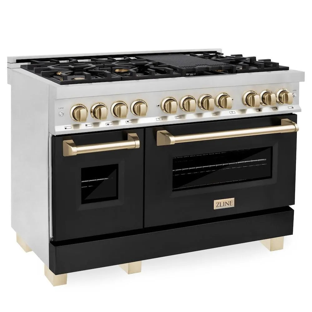 ZLINE Autograph Edition 48 in. 6.0 cu. ft. Legacy Dual Fuel Range with 7 Burner Gas Cooktop and 2 Electric Ovens in Stainless Steel with Black Matte Doors and Polished Gold Accents (RAZ-BLM-48-G) main image.