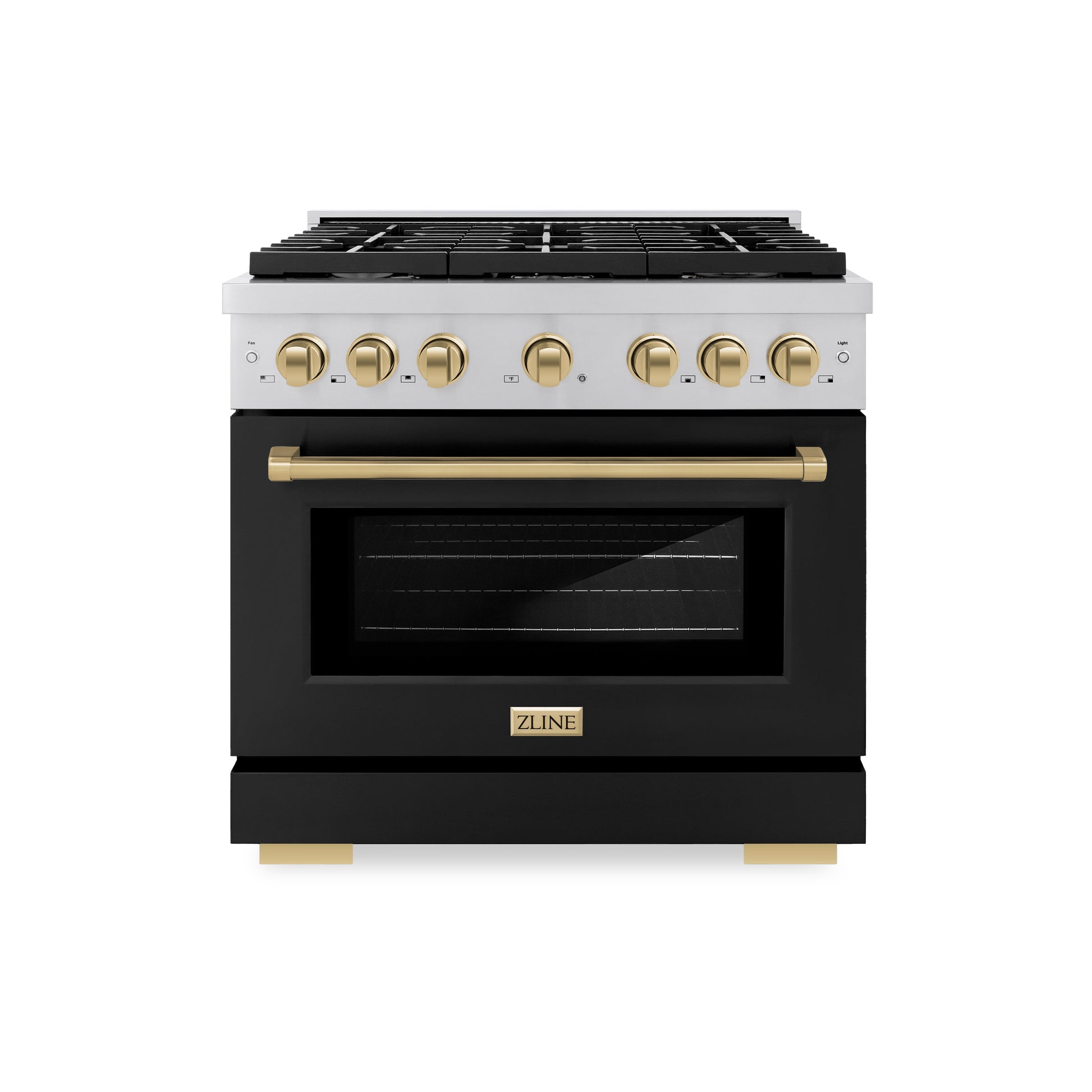 ZLINE Autograph Edition 36 in. 5.2 cu. ft. Paramount Dual Fuel Range with 6 Burner Gas Cooktop and Electric Convection Oven in Stainless Steel with Black Matte Door and Champagne Bronze Accents (SDRZ-BLM-36-CB) front.