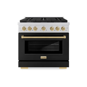 ZLINE Autograph Edition 36 in. 5.2 cu. ft. Paramount Dual Fuel Range with 6 Burner Gas Cooktop and Electric Convection Oven in Stainless Steel with Black Matte Door and Champagne Bronze Accents (SDRZ-BLM-36-CB) front, oven closed.