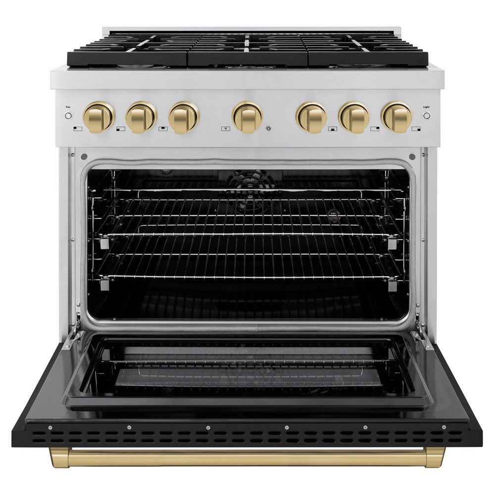 ZLINE Autograph Edition 36 in. 5.2 cu. ft. Paramount Dual Fuel Range with 6 Burner Gas Cooktop and Electric Convection Oven in Stainless Steel with Black Matte Door and Champagne Bronze Accents (SDRZ-BLM-36-CB) front, oven open.