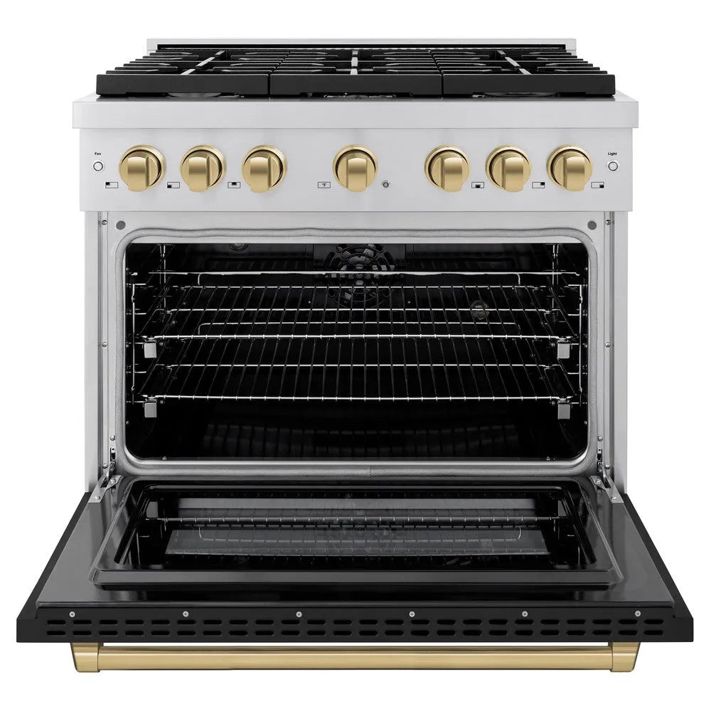 ZLINE Autograph Edition 36 in. 5.2 cu. ft. Paramount Dual Fuel Range with 6 Burner Gas Cooktop and Electric Convection Oven in Stainless Steel with Black Matte Door and Champagne Bronze Accents (SDRZ-BLM-36-CB) front, open.