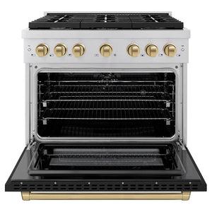 ZLINE Autograph Edition 36 in. 5.2 cu. ft. Paramount Dual Fuel Range with 6 Burner Gas Cooktop and Electric Convection Oven in Stainless Steel with Black Matte Door and Champagne Bronze Accents (SDRZ-BLM-36-CB) front, open.