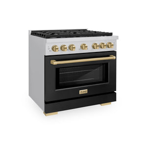 ZLINE Autograph Edition 36 in. 5.2 cu. ft. Paramount Dual Fuel Range with 6 Burner Gas Cooktop and Electric Convection Oven in Stainless Steel with Black Matte Door and Champagne Bronze Accents (SDRZ-BLM-36-CB)