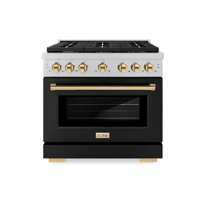 ZLINE Autograph Edition 36 in. 5.2 cu. ft. Paramount Dual Fuel Range with 6 Burner Gas Cooktop and Electric Convection Oven in Stainless Steel with Black Matte Door and Polished Gold Accents (SDRZ-BLM-36-G) front, oven closed.